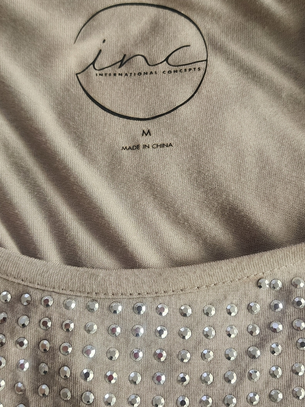 INC International Concepts Taupe Cold Shoulder Top with Silver Studs SIZE M